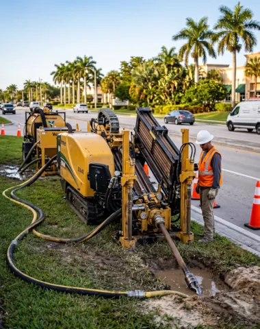Vermeer horizontal directional drill rig performing trenchless conduit installation under roadway in South Florida by Subterra Infrastructure Company.