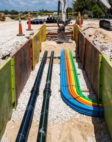 Underground utility pipe and conduit installation inside a secured trench on a South Florida civil construction project by Subterra Infrastructure Company.